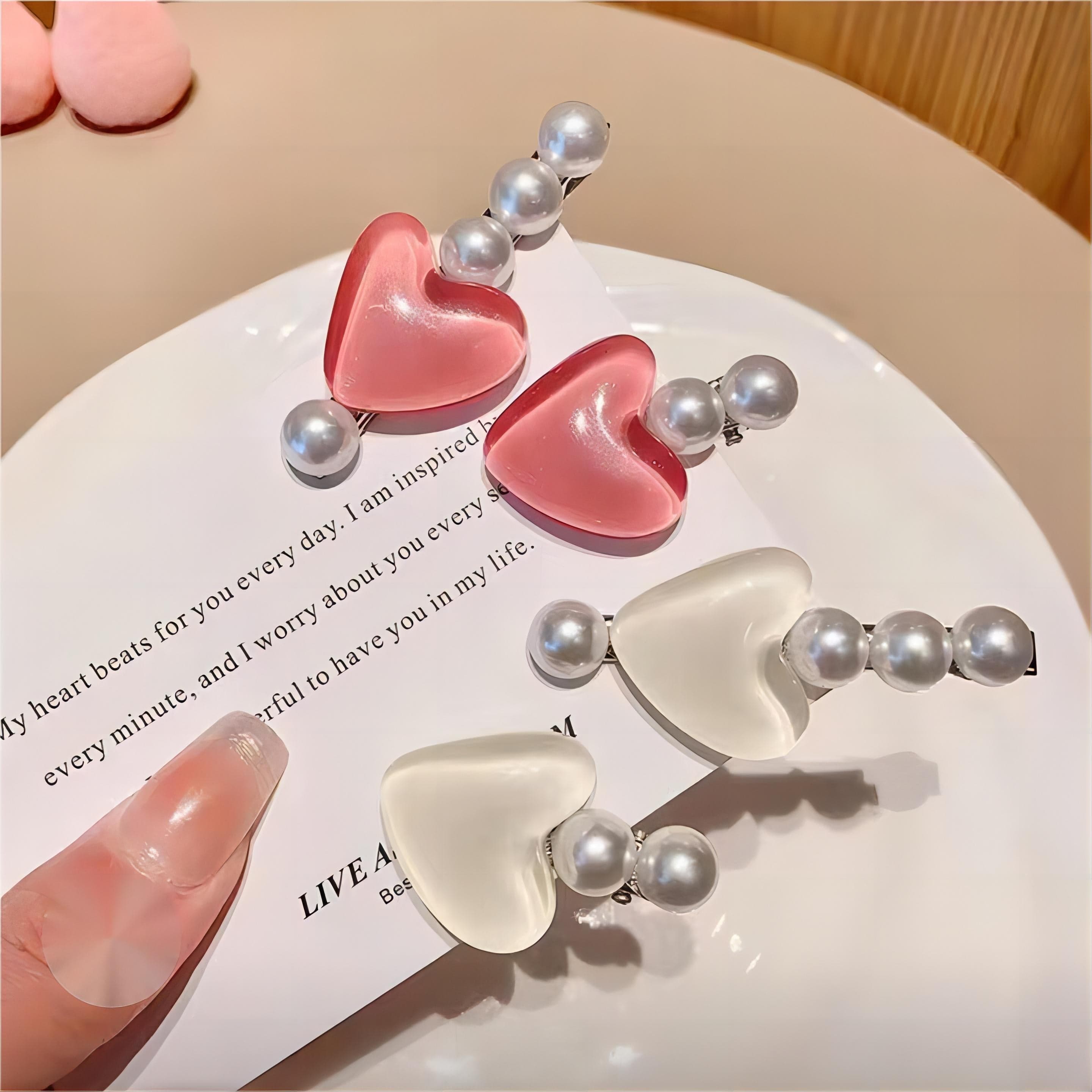 Chic 2 Pieces Crystal Heart Pearl Hair Clips Set