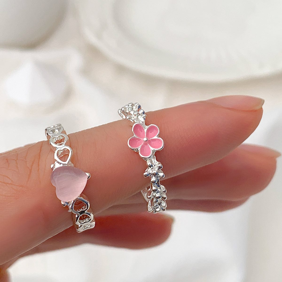 Chic 2 Pieces Enamel Flower Opal Heart Ring Set