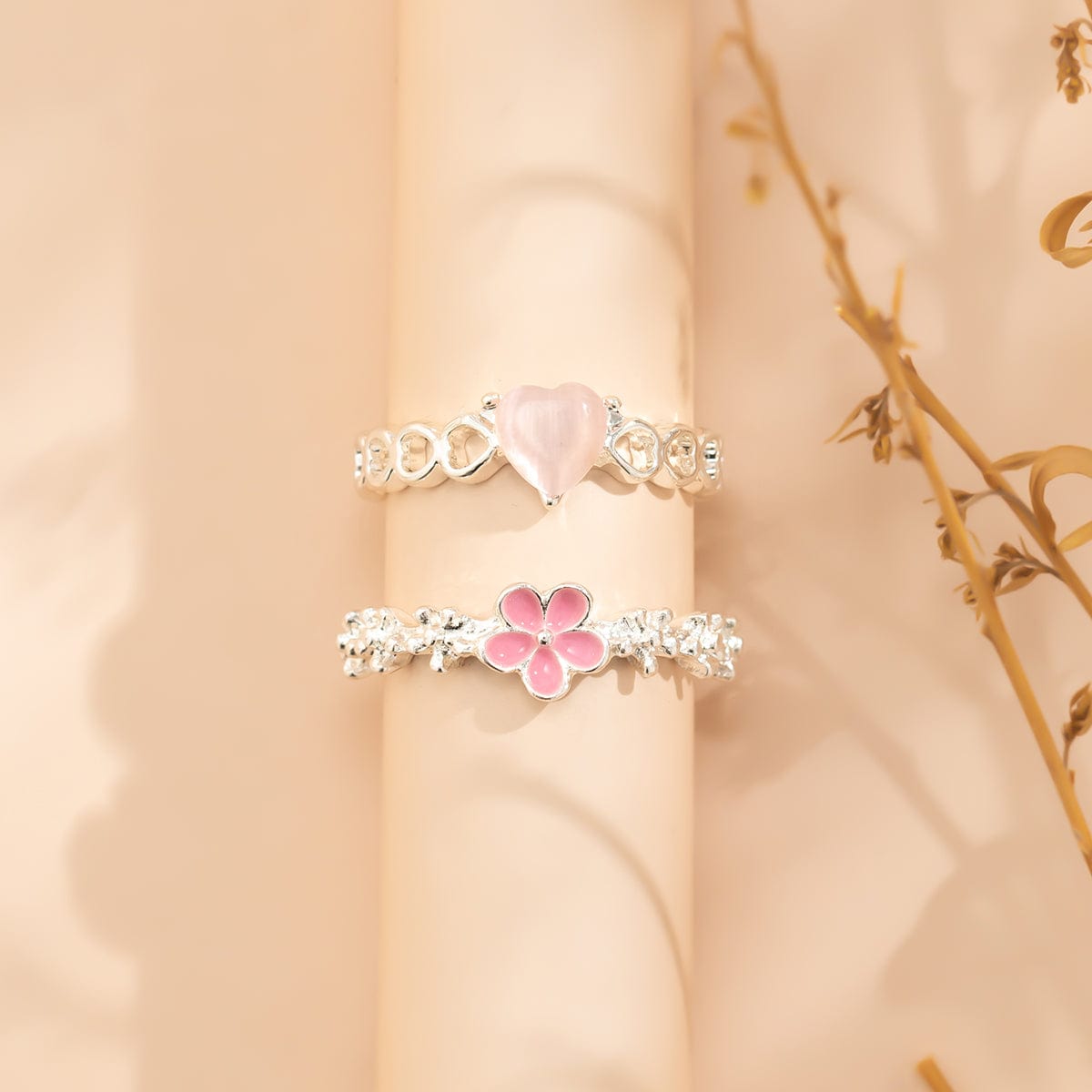 Chic 2 Pieces Enamel Flower Opal Heart Ring Set