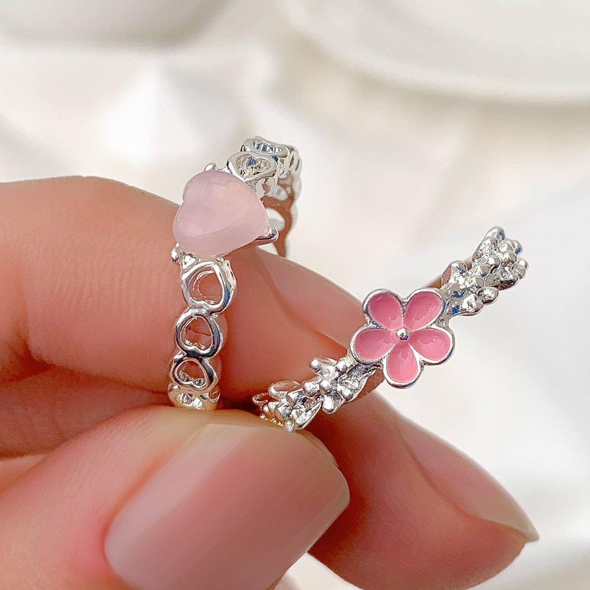 Chic 2 Pieces Enamel Flower Opal Heart Ring Set