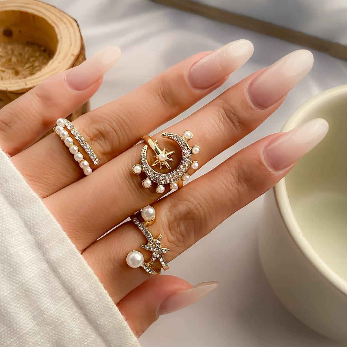 Chic 3 Pieces Moonphase Star Pearl Ring Set