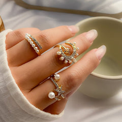 Chic 3 Pieces Moonphase Star Pearl Ring Set