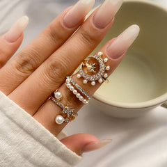 Chic 3 Pieces Moonphase Star Pearl Ring Set