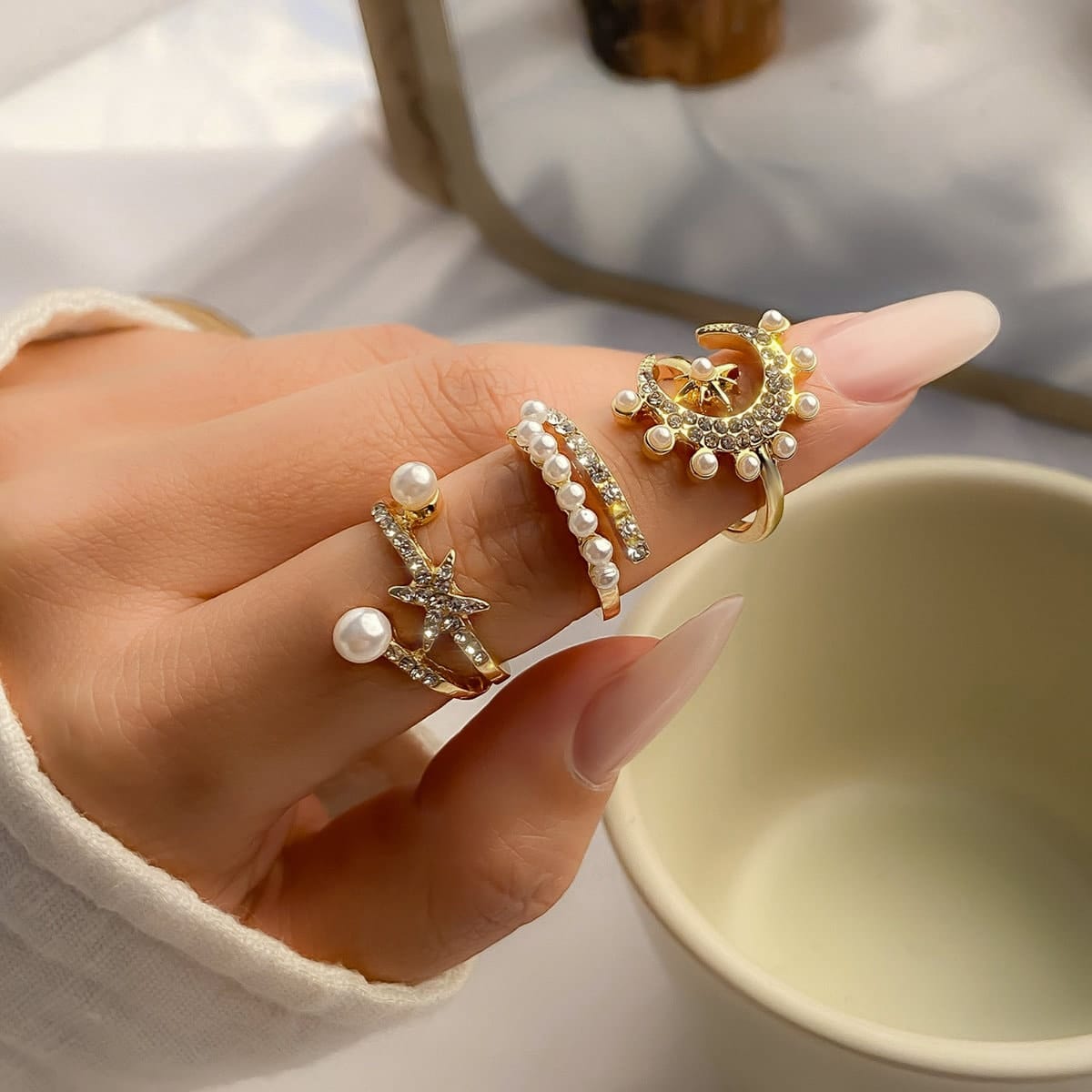 Chic 3 Pieces Moonphase Star Pearl Ring Set