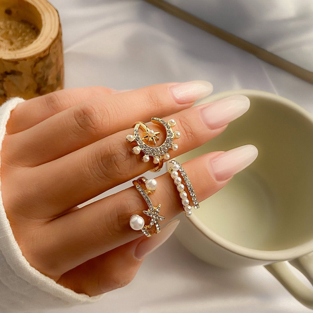 Chic 3 Pieces Moonphase Star Pearl Ring Set