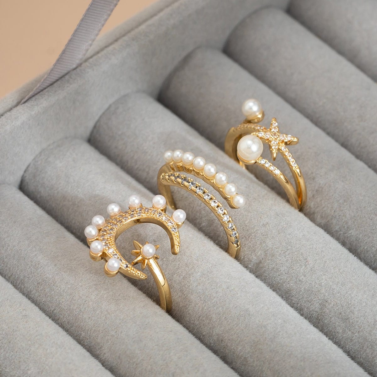 Chic 3 Pieces Moonphase Star Pearl Ring Set