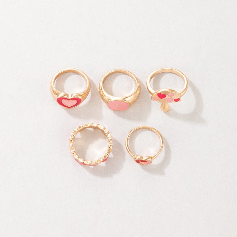 Chic 5 Pieces Pink Enamel Heart Ring Set