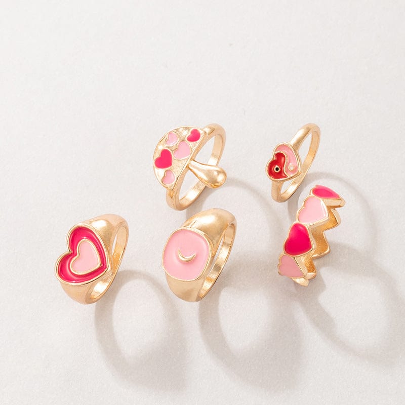 Chic 5 Pieces Pink Enamel Heart Ring Set