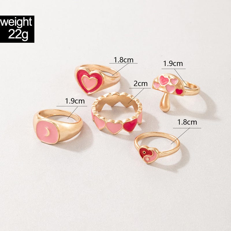 Chic 5 Pieces Pink Enamel Heart Ring Set