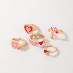 Chic 5 Pieces Pink Enamel Heart Ring Set