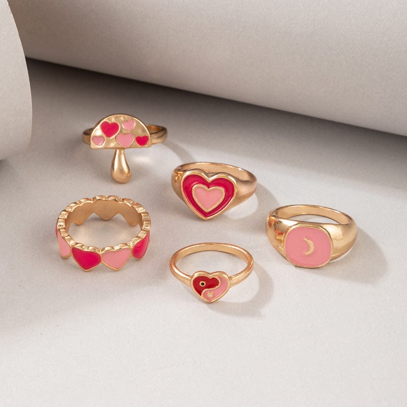 Chic 5 Pieces Pink Enamel Heart Ring Set