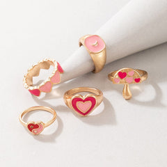 Chic 5 Pieces Pink Enamel Heart Ring Set