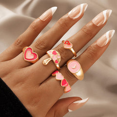 Chic 5 Pieces Pink Enamel Heart Ring Set