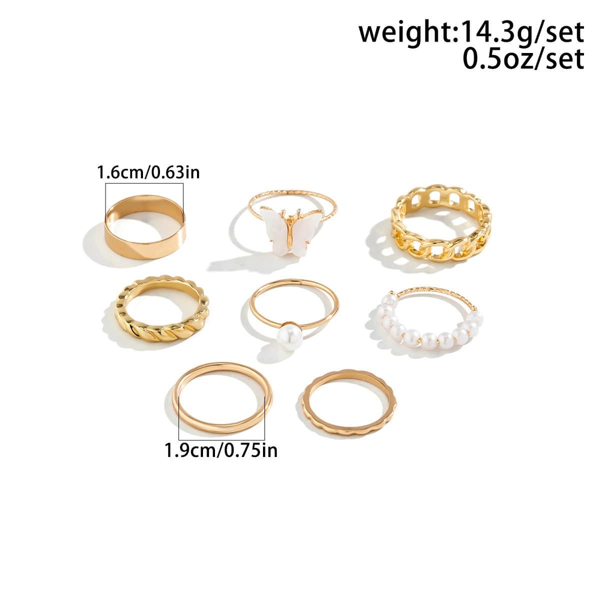 Chic 8 Pieces Butterfly Pearl Charm Stackable Ring Set