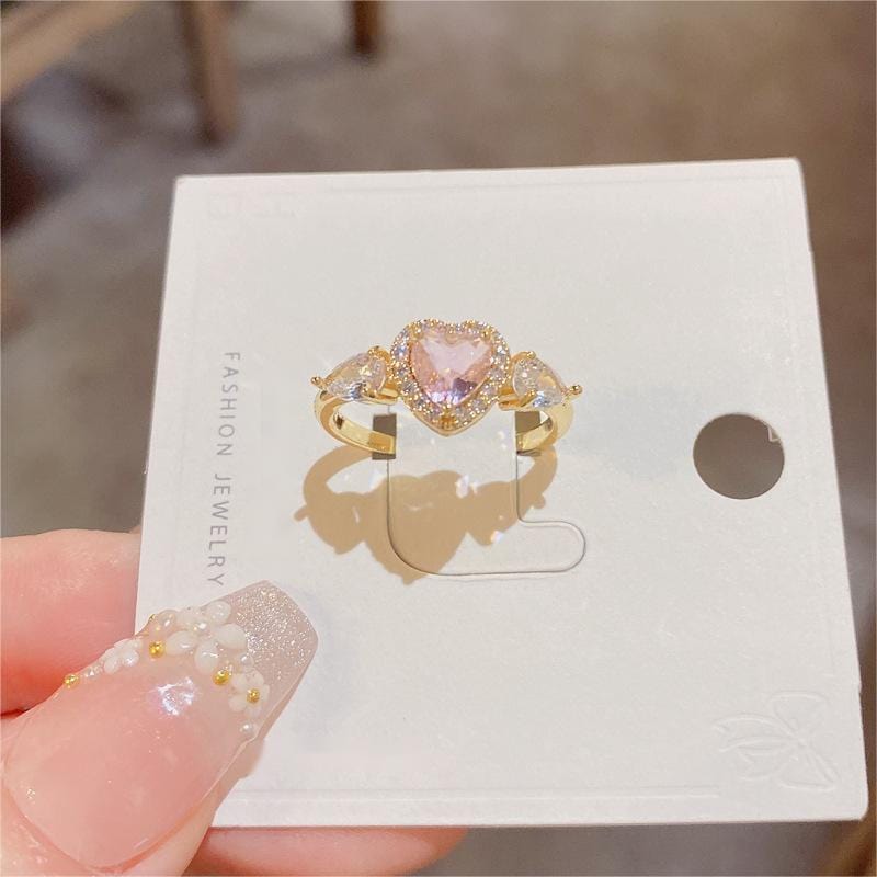 Chic Adjustable Pink Crystal Angel Wings Heart Ring