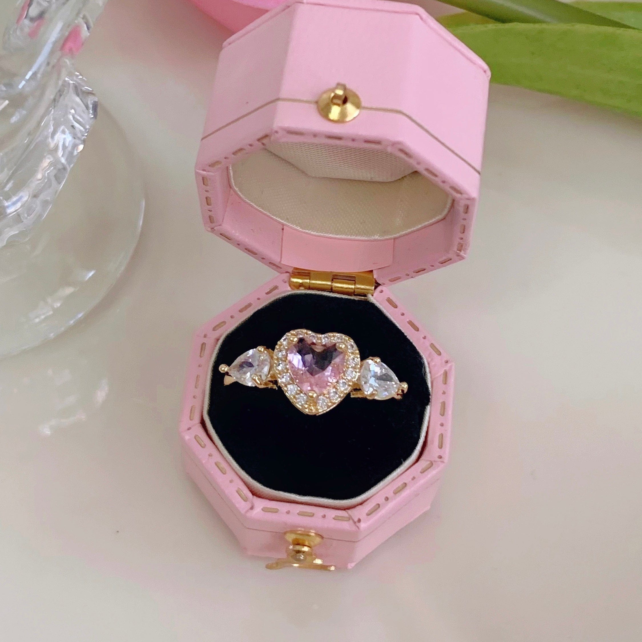 Chic Adjustable Pink Crystal Angel Wings Heart Ring