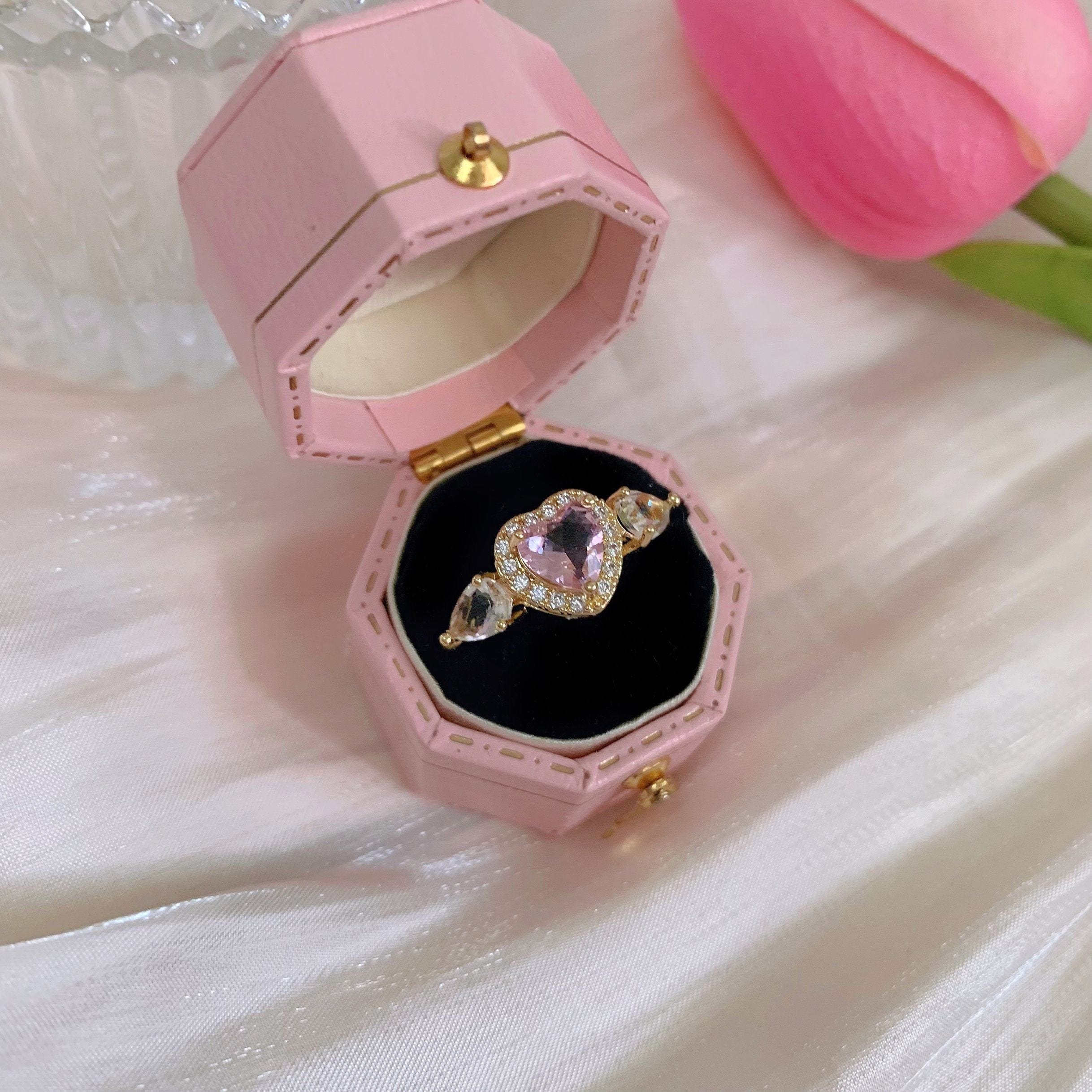 Chic Adjustable Pink Crystal Angel Wings Heart Ring