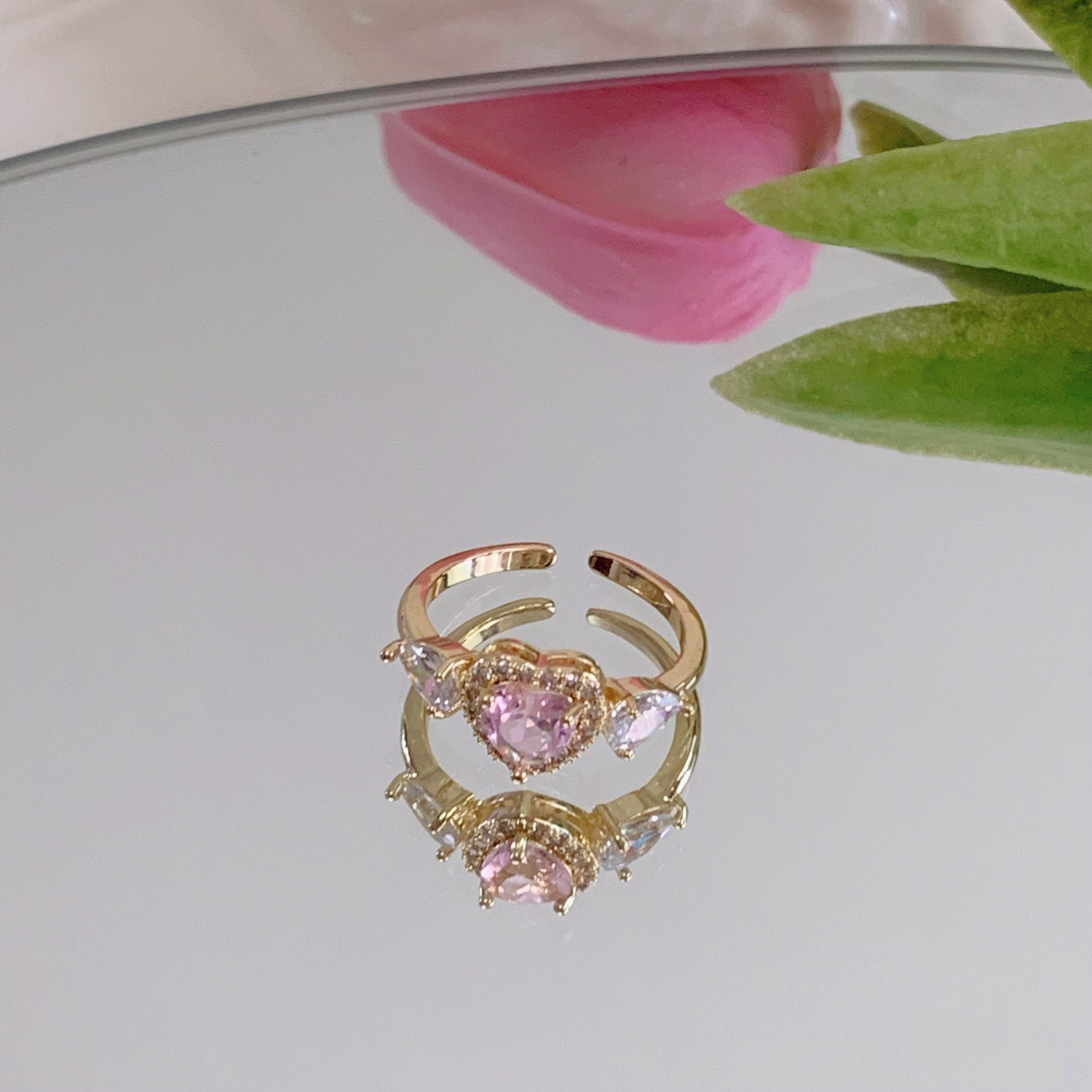 Chic Adjustable Pink Crystal Angel Wings Heart Ring