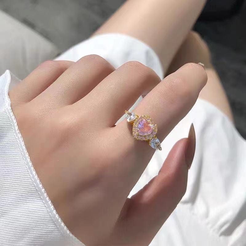 Chic Adjustable Pink Crystal Angel Wings Heart Ring