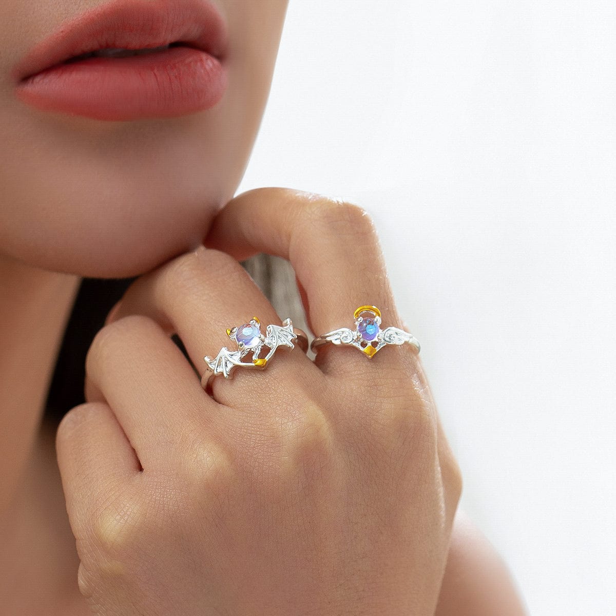 Chic Antique Angel And Devil Matching Opal Ring Set