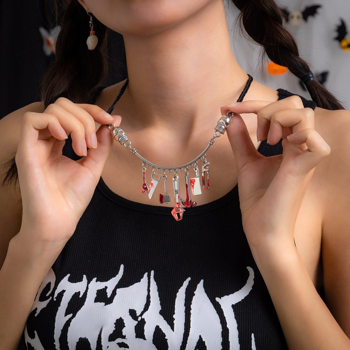 Chic Bloody Tool Skull Charm Curb Chain Choker Necklace