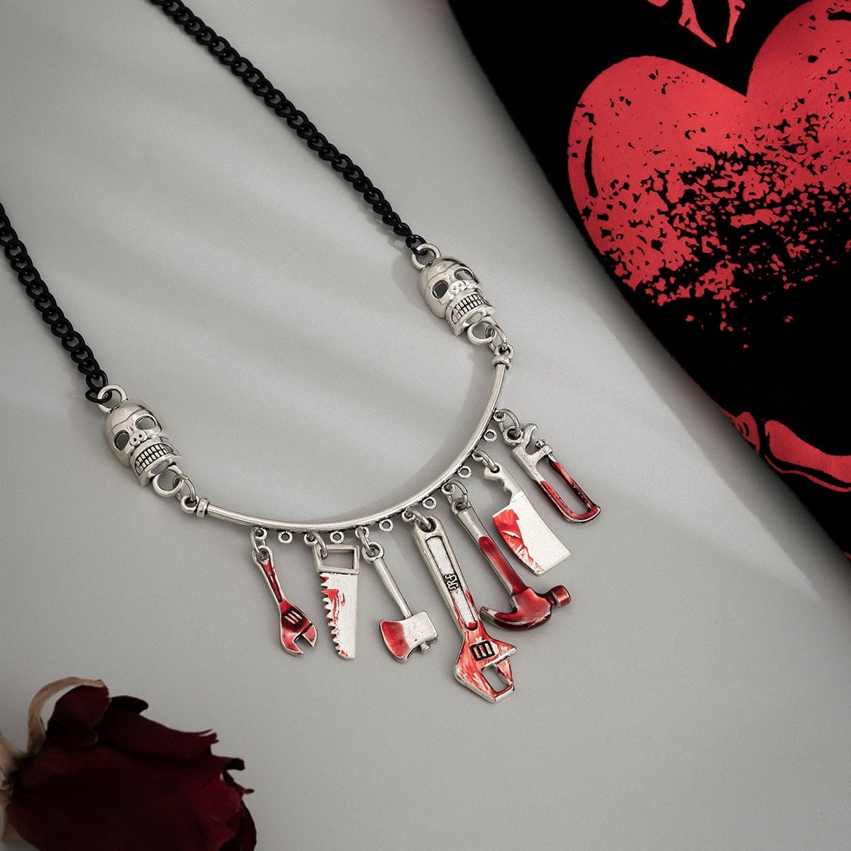 Chic Bloody Tool Skull Charm Curb Chain Choker Necklace