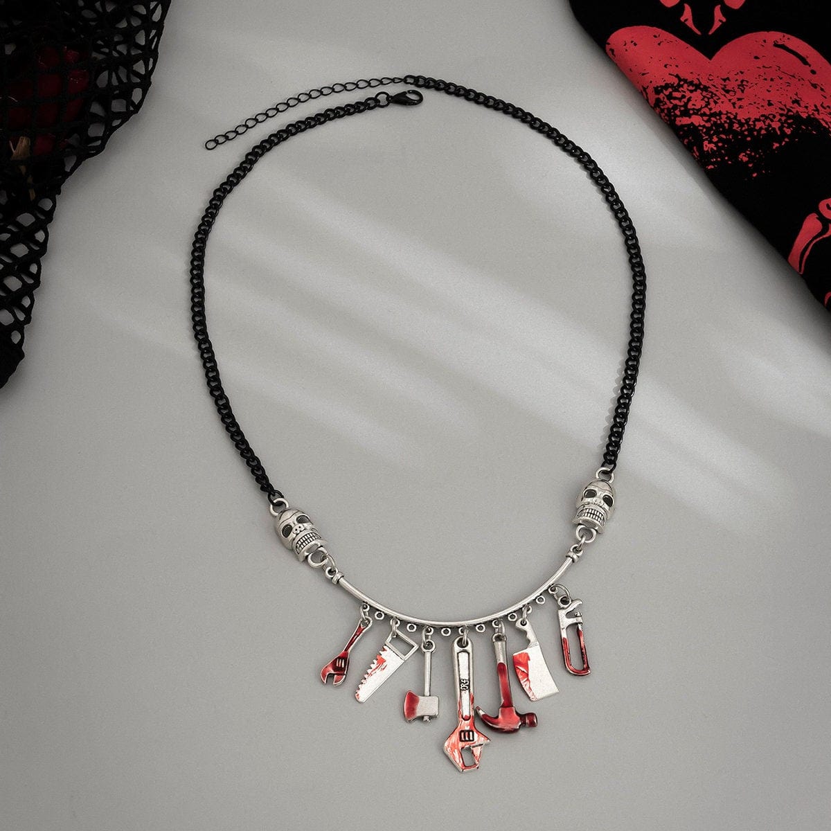 Chic Bloody Tool Skull Charm Curb Chain Choker Necklace