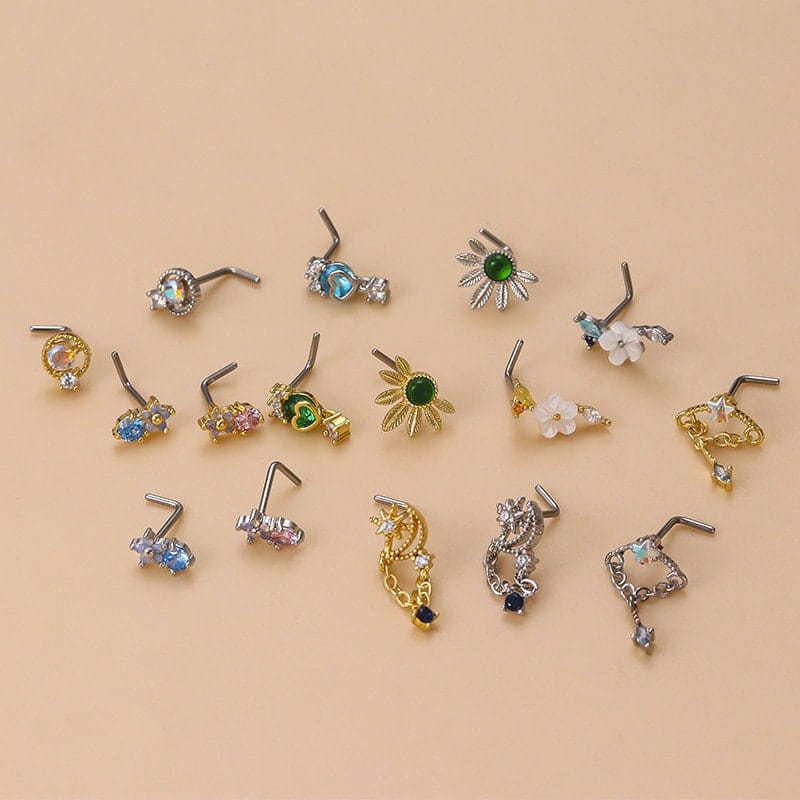 Chic Colorful CZ Inlaid Stainless Steel Floral Moon Star Nose Piercing Nose Stud