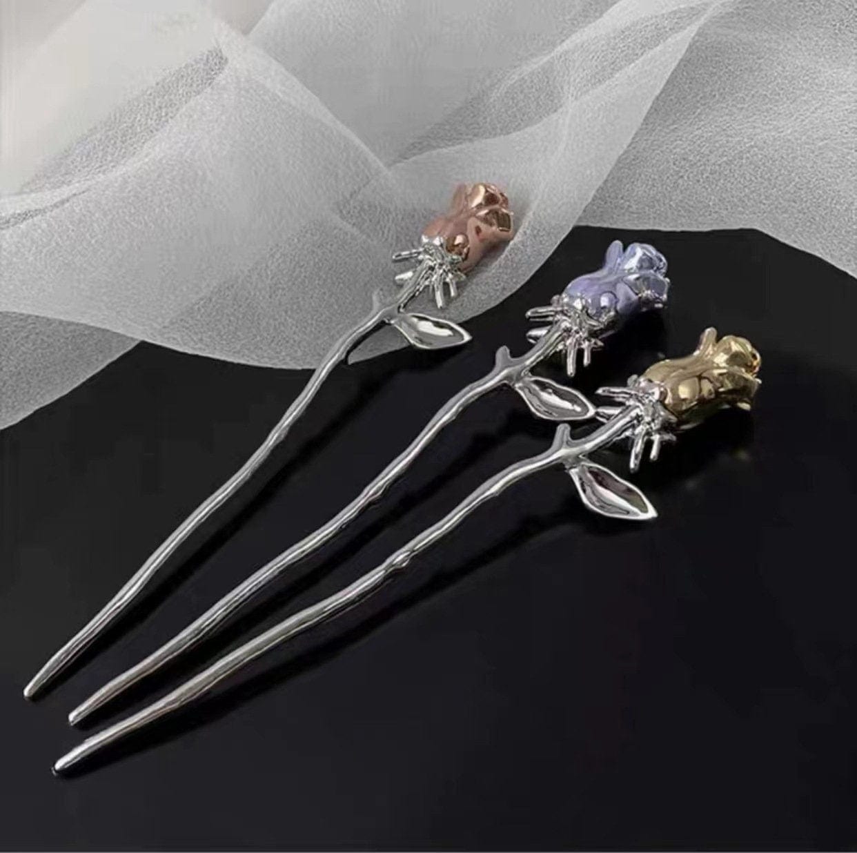 Chic Colorful Rose Chignon Hair Fork Hair Pin