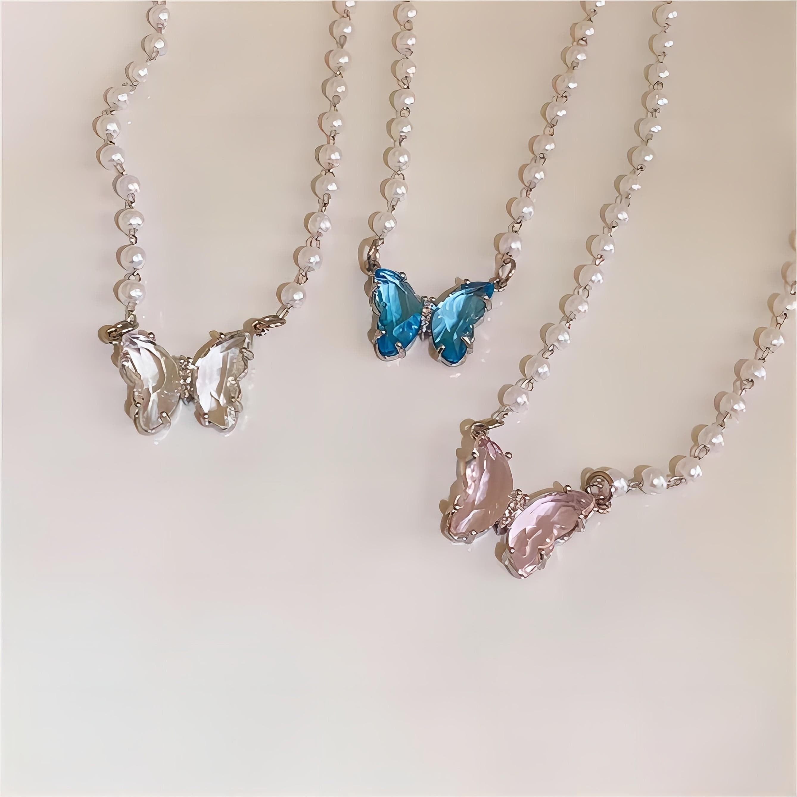 Chic Crystal Butterfly Pendant Pearl Chain Necklace