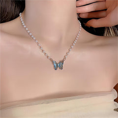 Chic Crystal Butterfly Pendant Pearl Chain Necklace