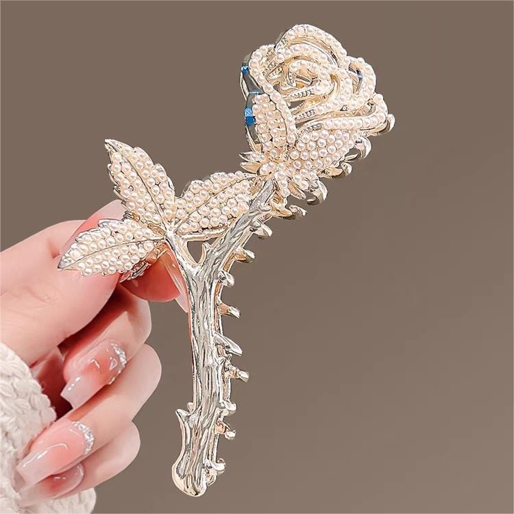Chic Crystal Pearl Inlaid Rose Chignon Claw Clip Hair Clip