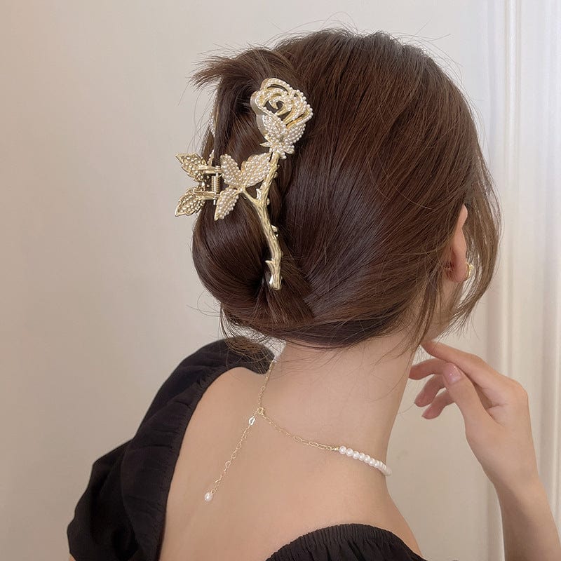 Chic Crystal Pearl Inlaid Rose Chignon Claw Clip Hair Clip
