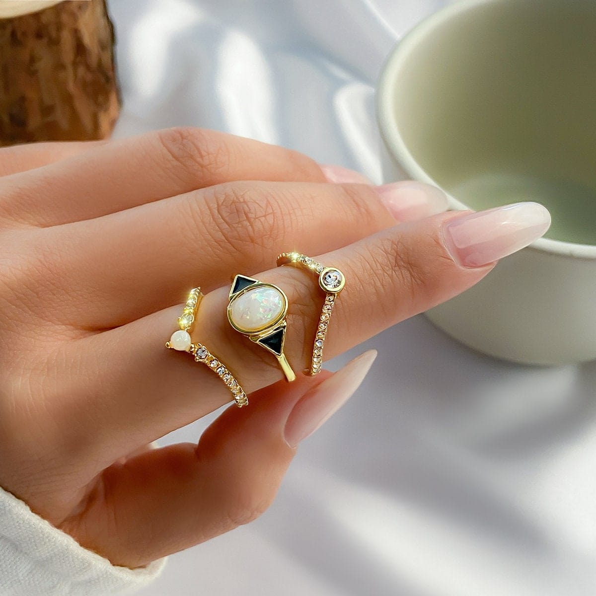 Chic CZ Inlaid 3 In 1 Pearl Charm Ring Set