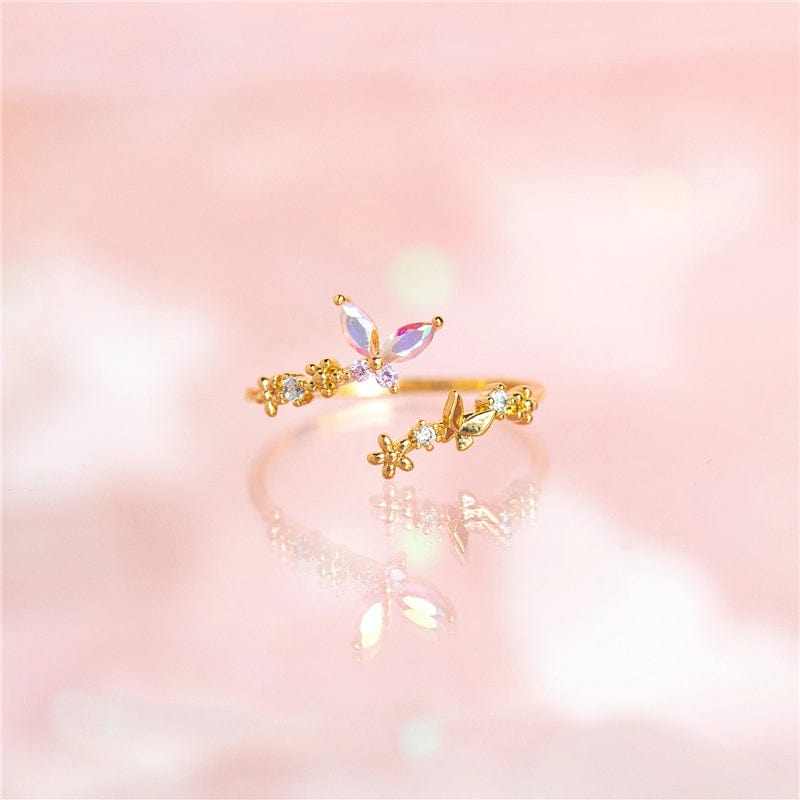 Chic CZ Inlaid Adjustable Floral Butterfly Ring