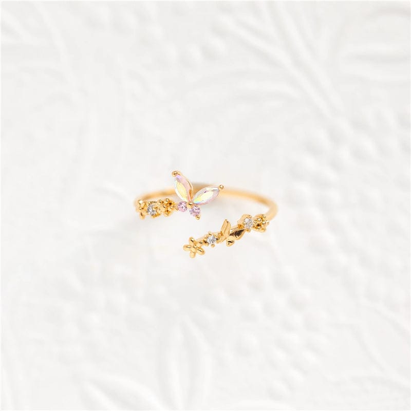 Chic CZ Inlaid Adjustable Floral Butterfly Ring