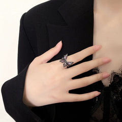 Chic CZ Inlaid Black Butterfly Ring