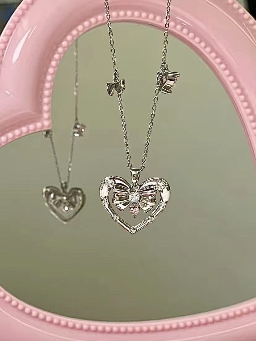 Chic CZ Inlaid Bowknot Heart Pendant Necklace