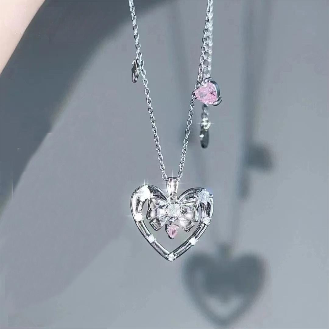 Chic CZ Inlaid Bowknot Heart Pendant Necklace