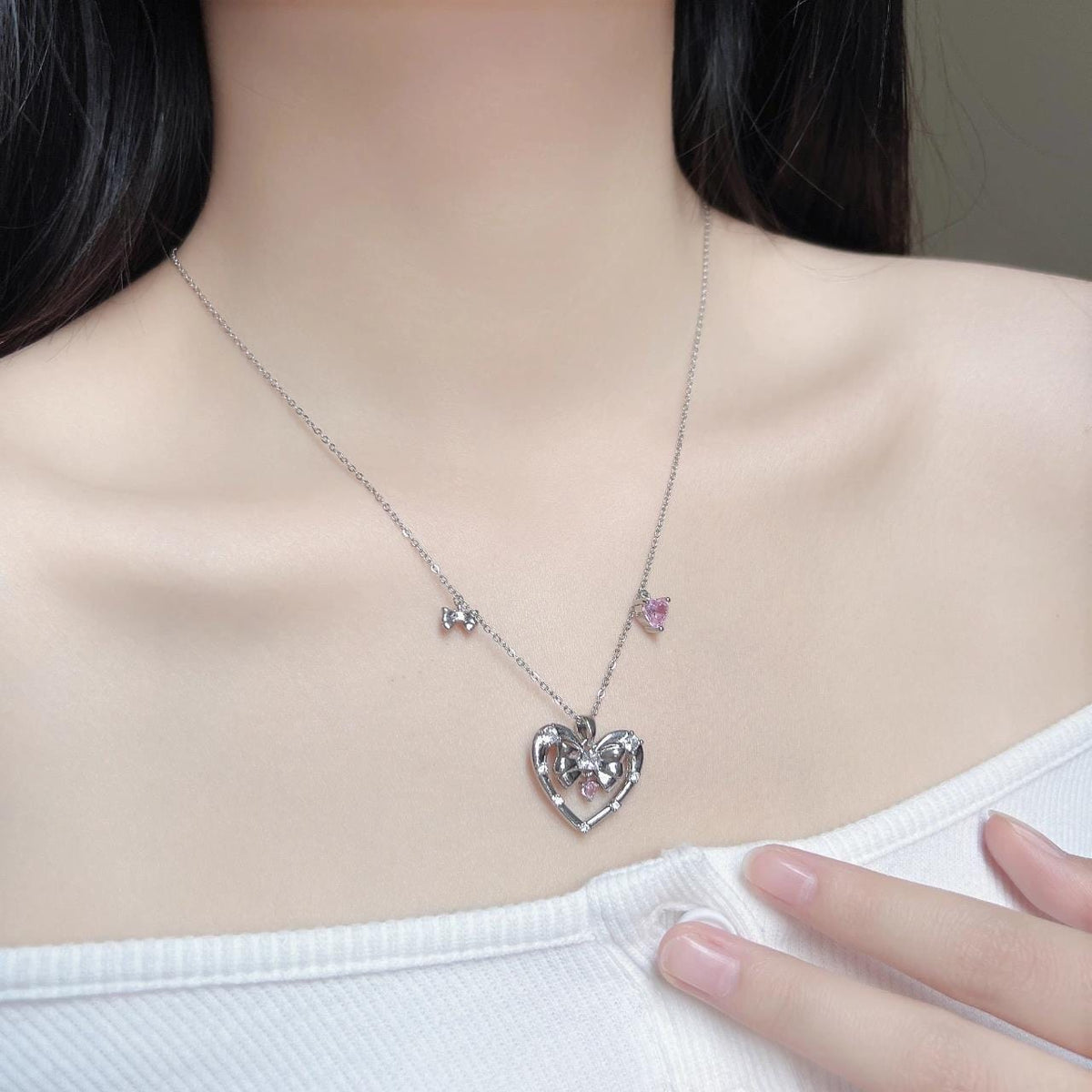 Chic CZ Inlaid Bowknot Heart Pendant Necklace