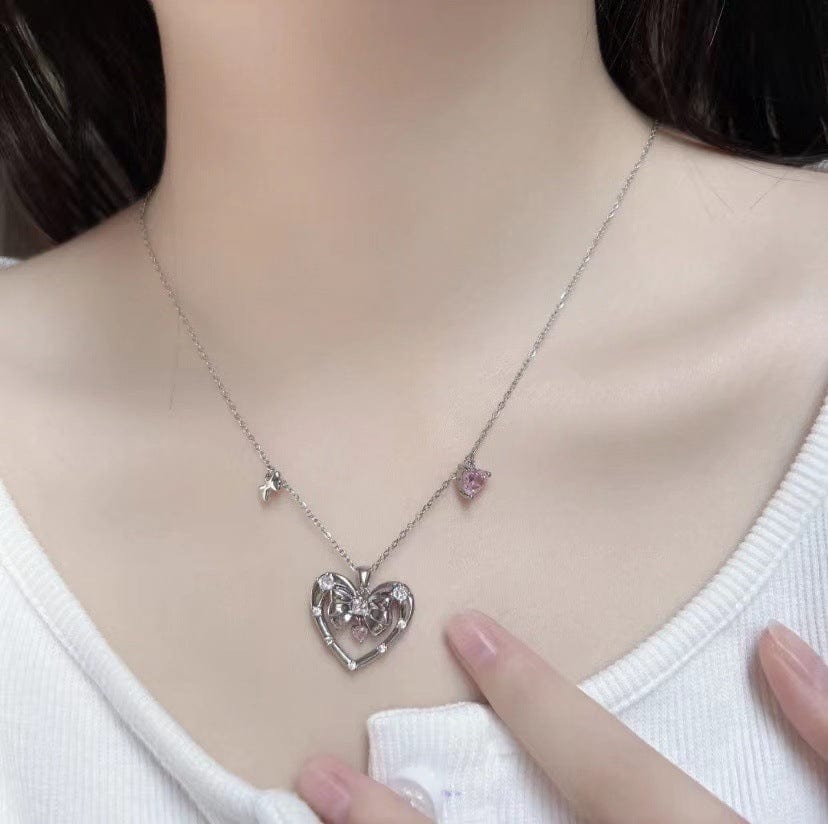 Chic CZ Inlaid Bowknot Heart Pendant Necklace