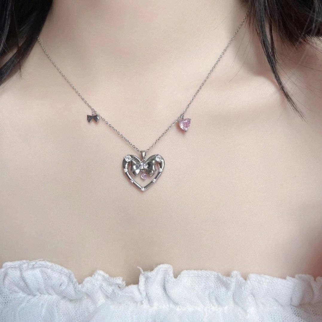 Chic CZ Inlaid Bowknot Heart Pendant Necklace