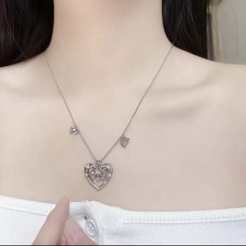 Chic CZ Inlaid Bowknot Heart Pendant Necklace