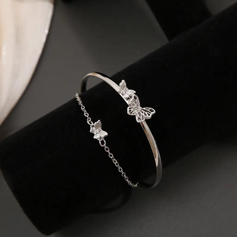 Chic CZ Inlaid Butterfly Charm Cable Chain Bangle Bracelet