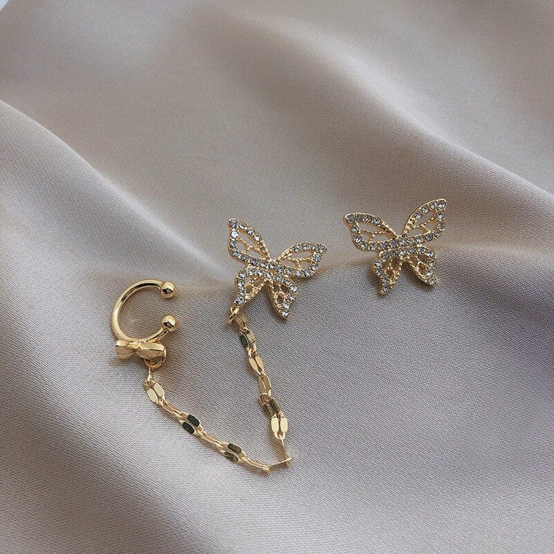 Chic CZ Inlaid Butterfly Ear Cuff Chain Earrings