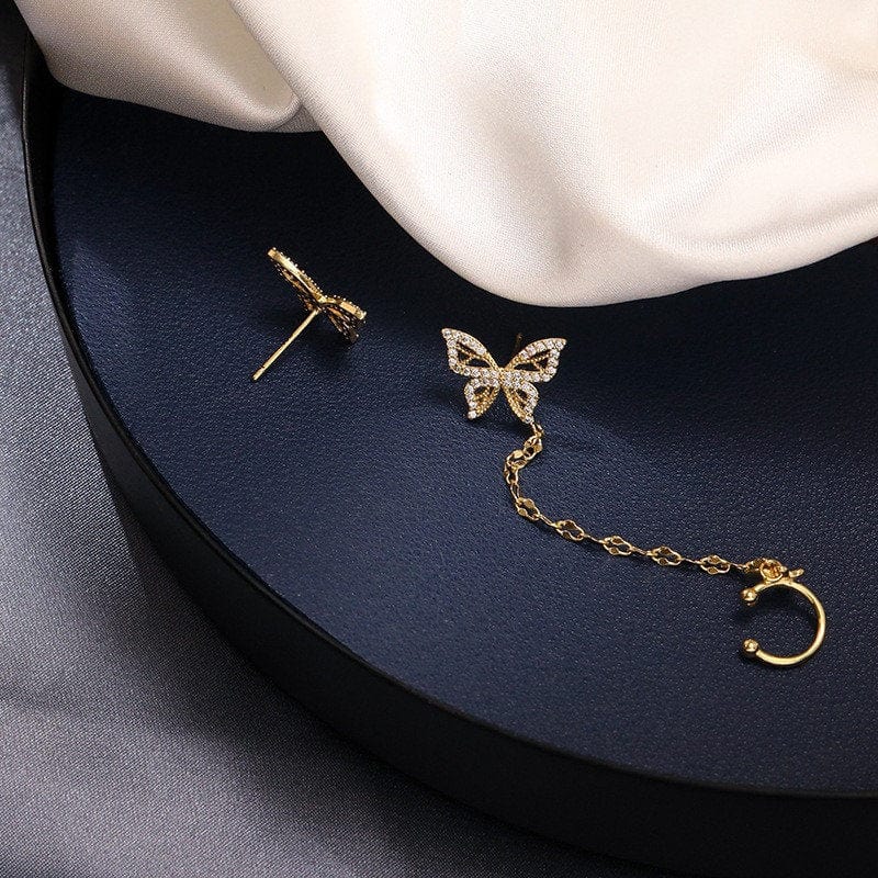 Chic CZ Inlaid Butterfly Ear Cuff Chain Earrings