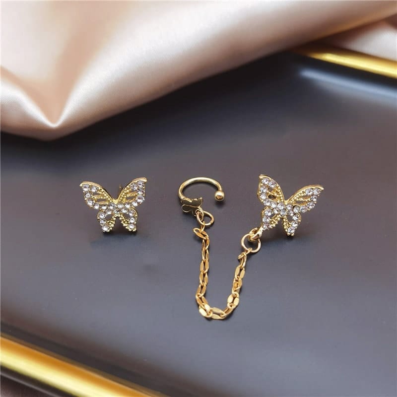 Chic CZ Inlaid Butterfly Ear Cuff Chain Earrings