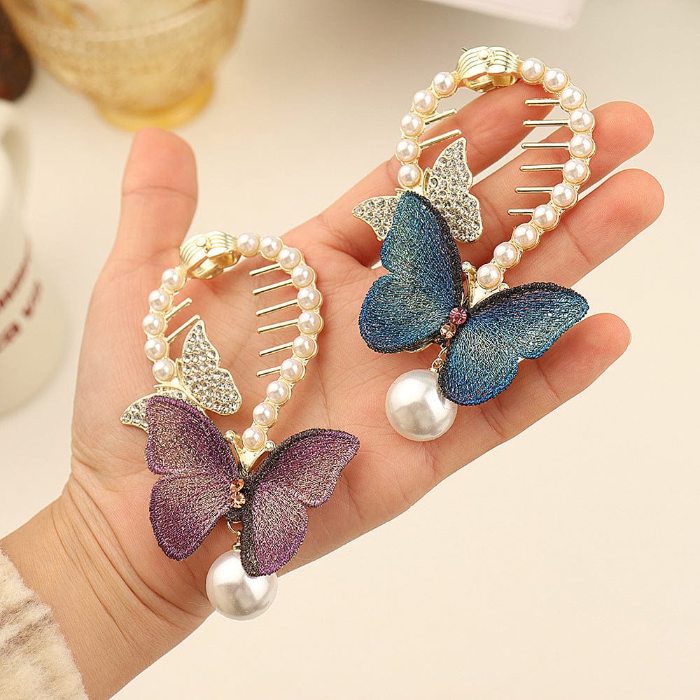 Chic CZ Inlaid Butterfly Pearl Chignon Hair Claw Clip