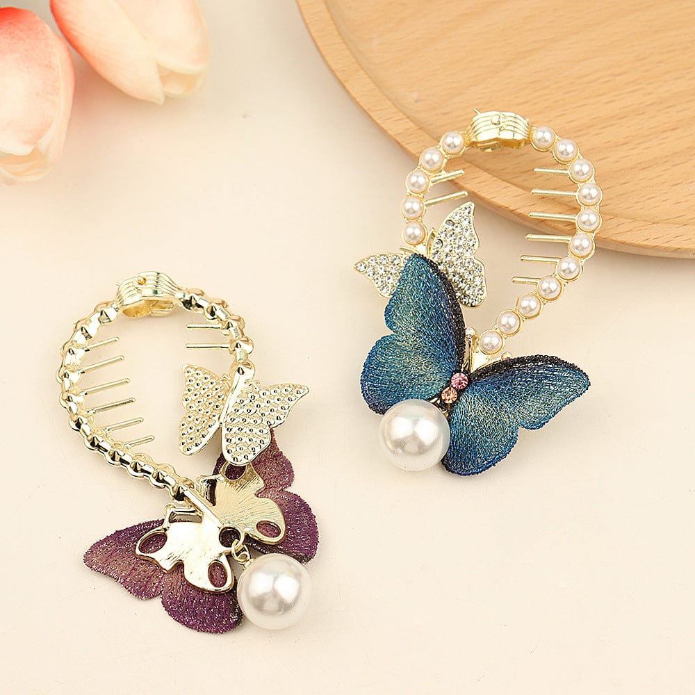 Chic CZ Inlaid Butterfly Pearl Chignon Hair Claw Clip