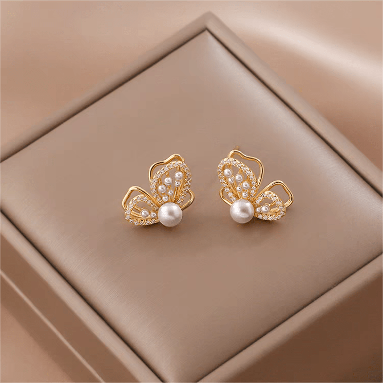 Chic CZ Inlaid Butterfly Pearl Earrings